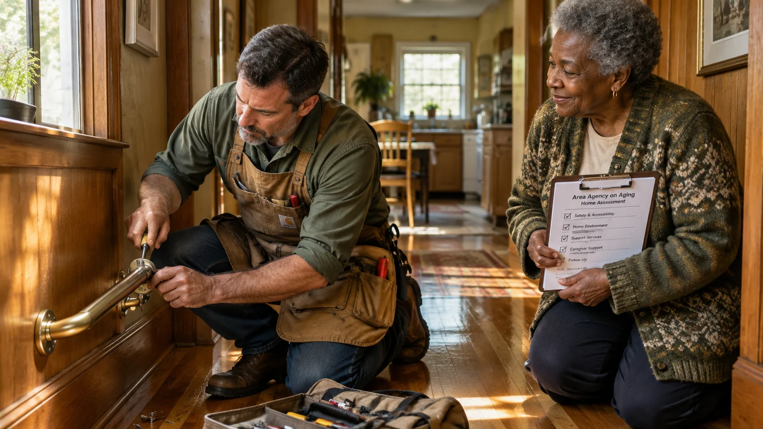 A contractor kneels to install a metal handrail while an older woman holds a home assessment clipboard.