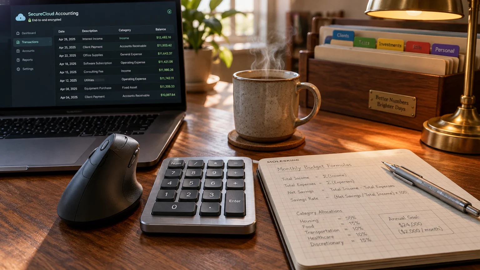 Laptop displaying accounting software next to an ergonomic mouse, numeric keypad, notebook, and steaming mug on a desk.
