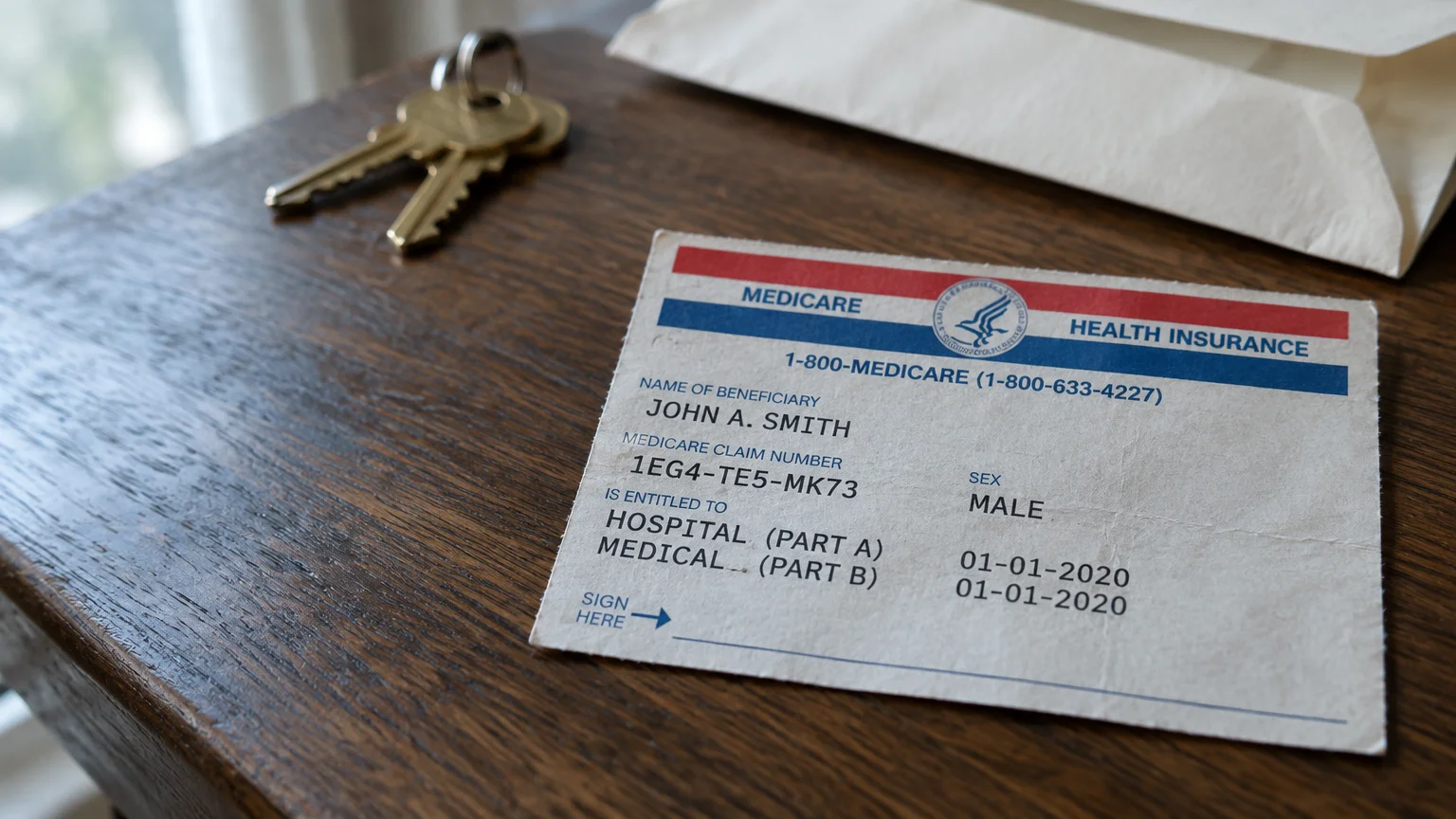 Paper Medicare card lying on a wooden table next to brass keys and an open white envelope.