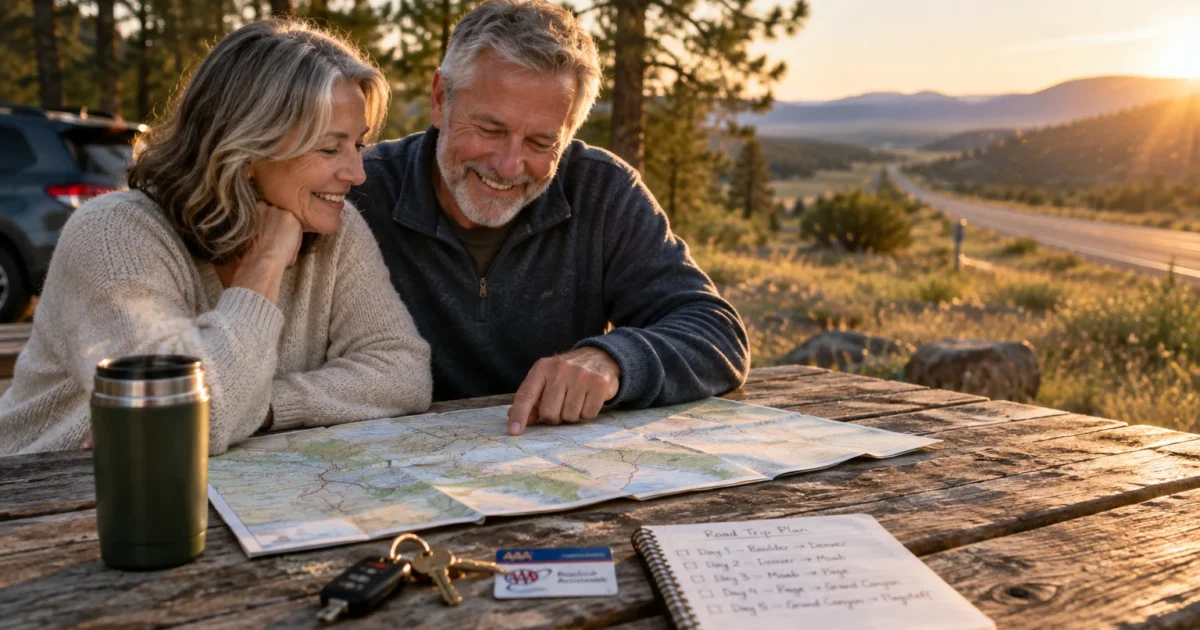 Mature couple smiling while reviewing a road trip map on a wooden picnic table outdoors at sunset.