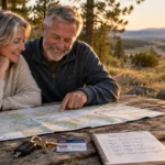 Mature couple smiling while reviewing a road trip map on a wooden picnic table outdoors at sunset.