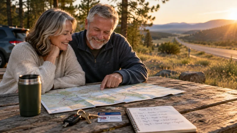 Mature couple smiling while reviewing a road trip map on a wooden picnic table outdoors at sunset.