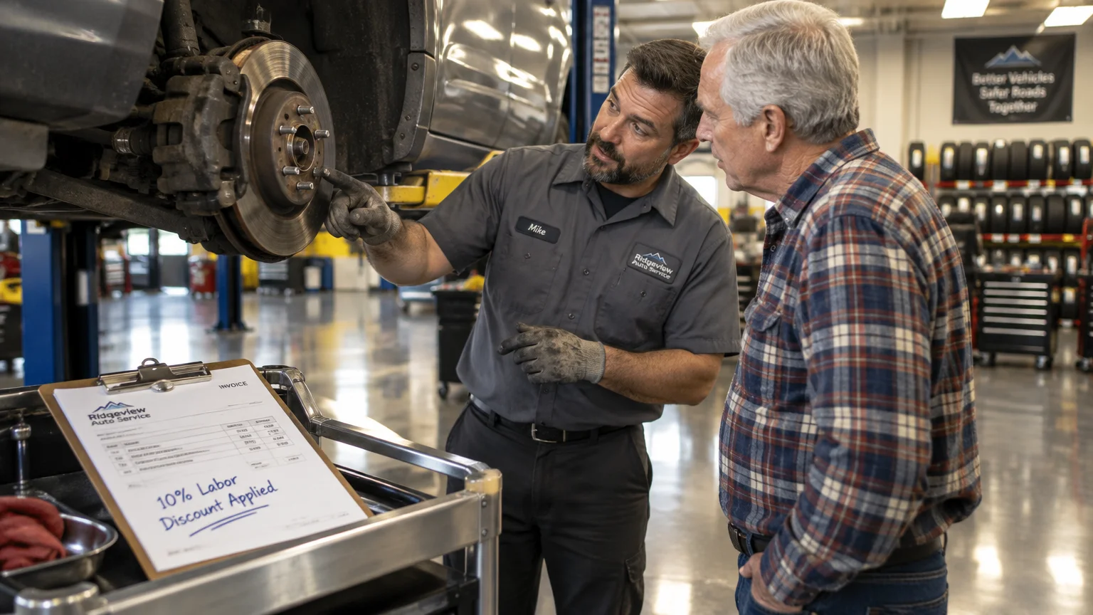 A mechanic shows an older man a car's brake rotor near an invoice clipboard reading 10% Labor Discount Applied.