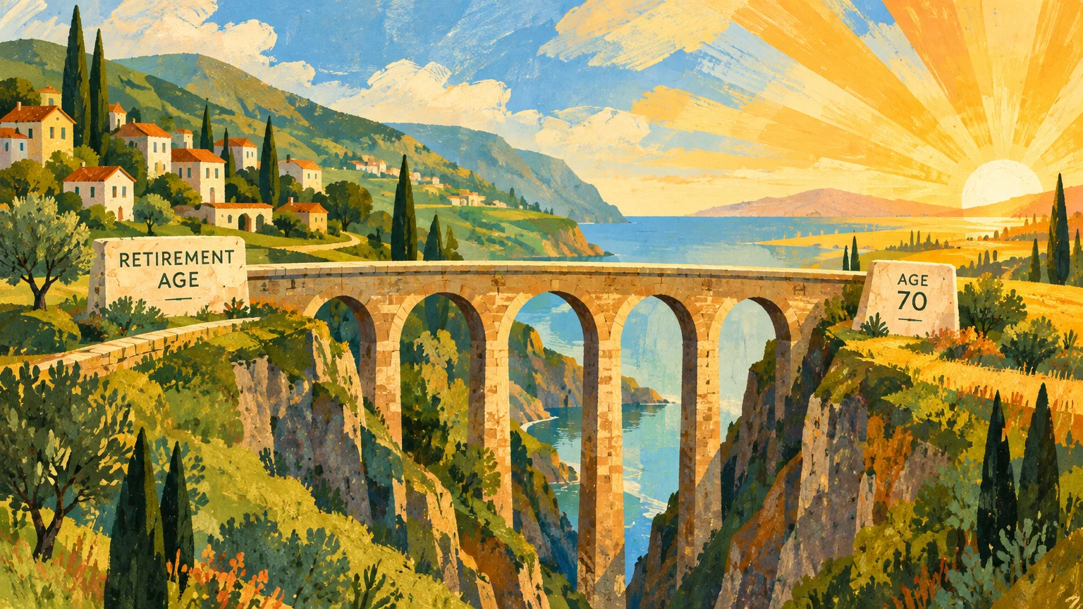 Illustration of an arched stone bridge connecting cliffs labeled Retirement Age and Age 70 under a rising sun.