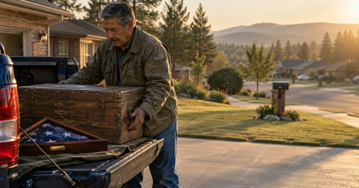 A man loads a vintage wooden trunk and a folded American flag case into the back of a pickup truck in a suburban driveway.