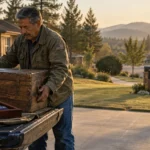 A man loads a vintage wooden trunk and a folded American flag case into the back of a pickup truck in a suburban driveway.