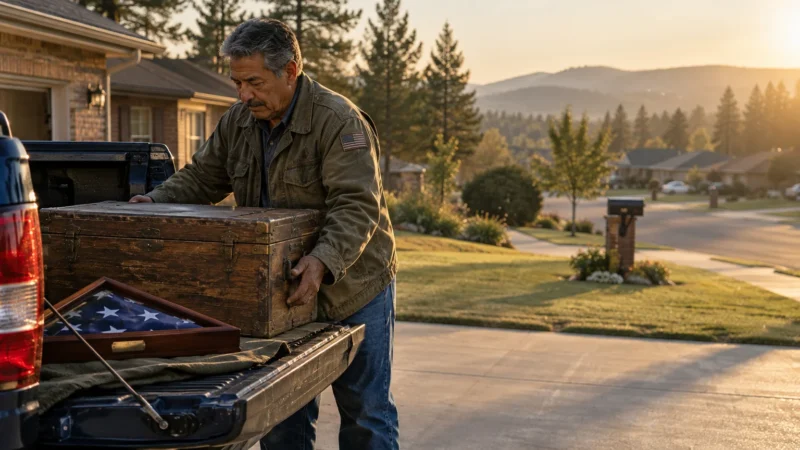 A man loads a vintage wooden trunk and a folded American flag case into the back of a pickup truck in a suburban driveway.