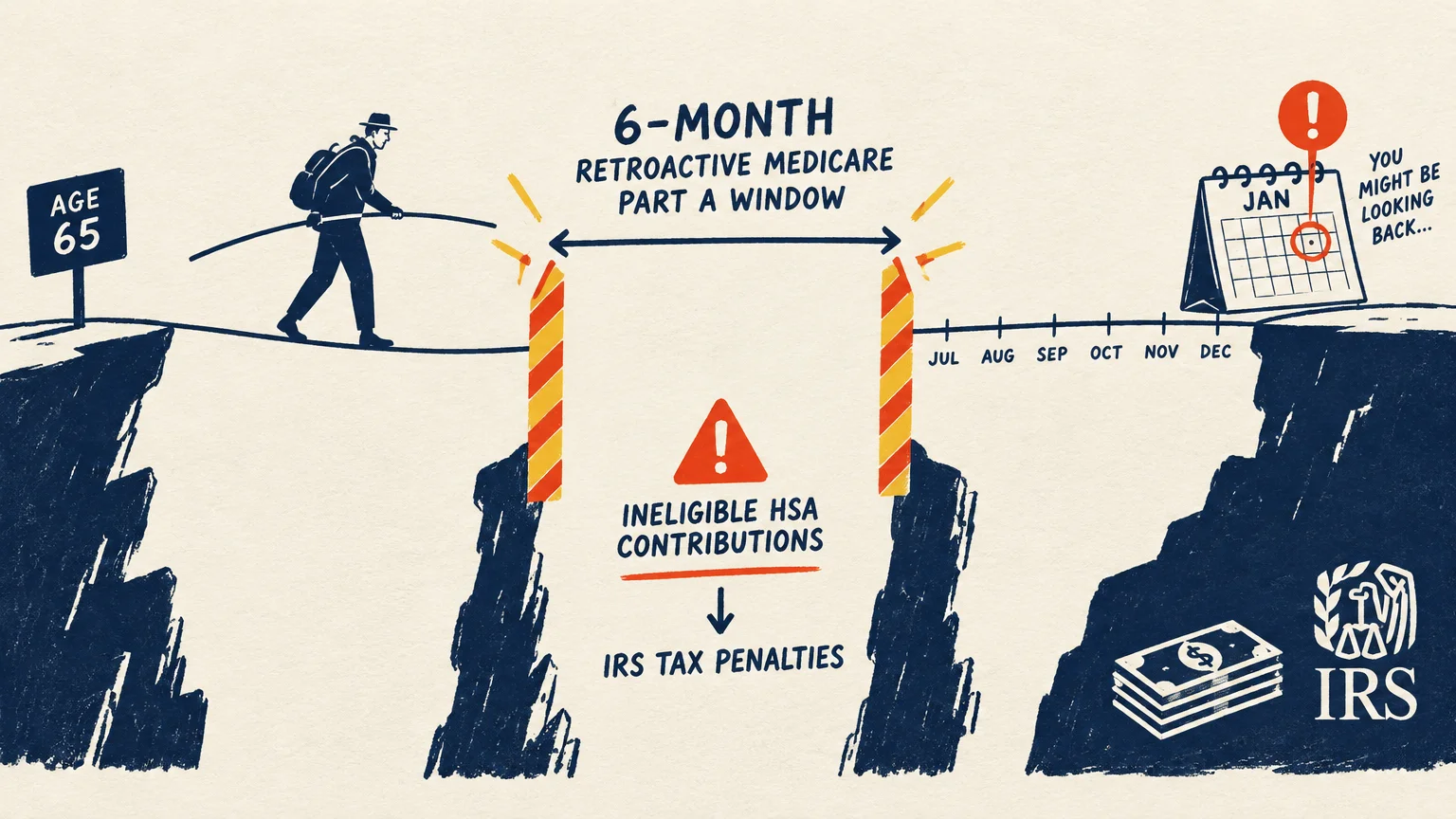 A man walks a tightrope over a cliff gap labeled 6-month retroactive Medicare Part A window toward an IRS logo.