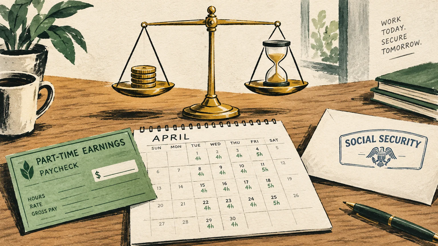 Illustration of a desk with a balance scale holding coins and an hourglass, beside a calendar, paycheck, and envelope.