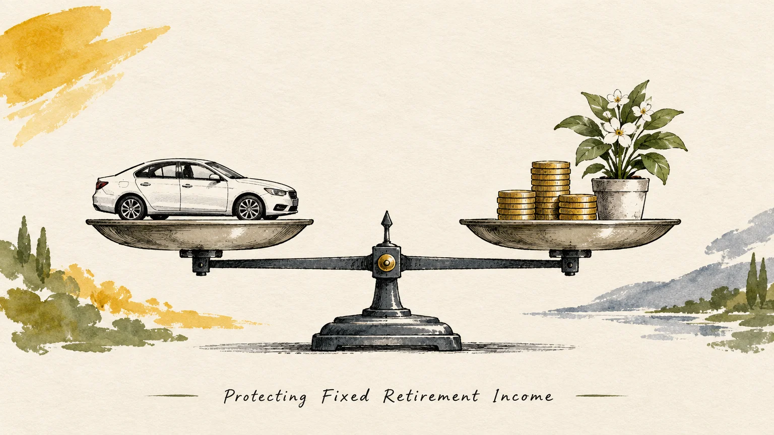 Illustration of a balance scale with a white car on one tray and stacks of gold coins with a potted plant on the other.