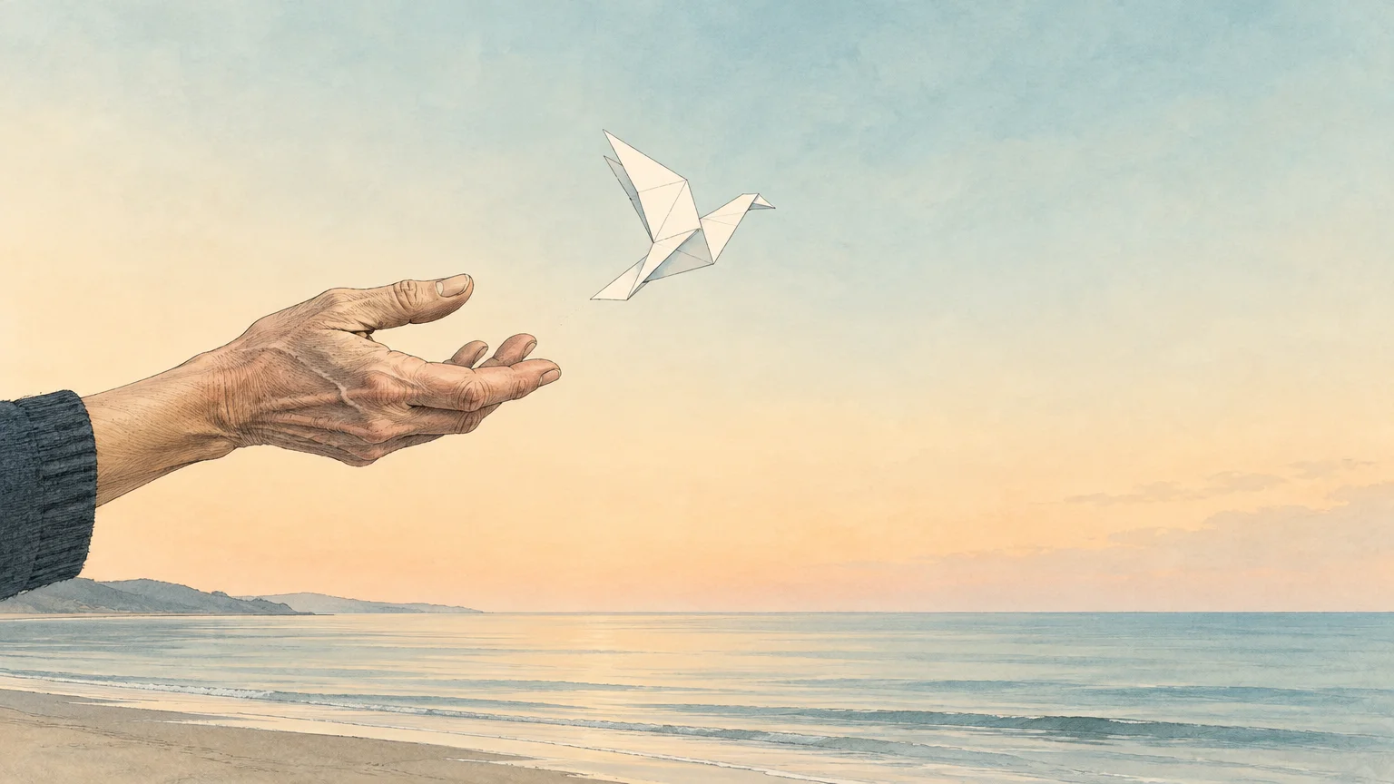 Illustration of an aged open hand releasing a white origami bird over a calm beach at sunset.