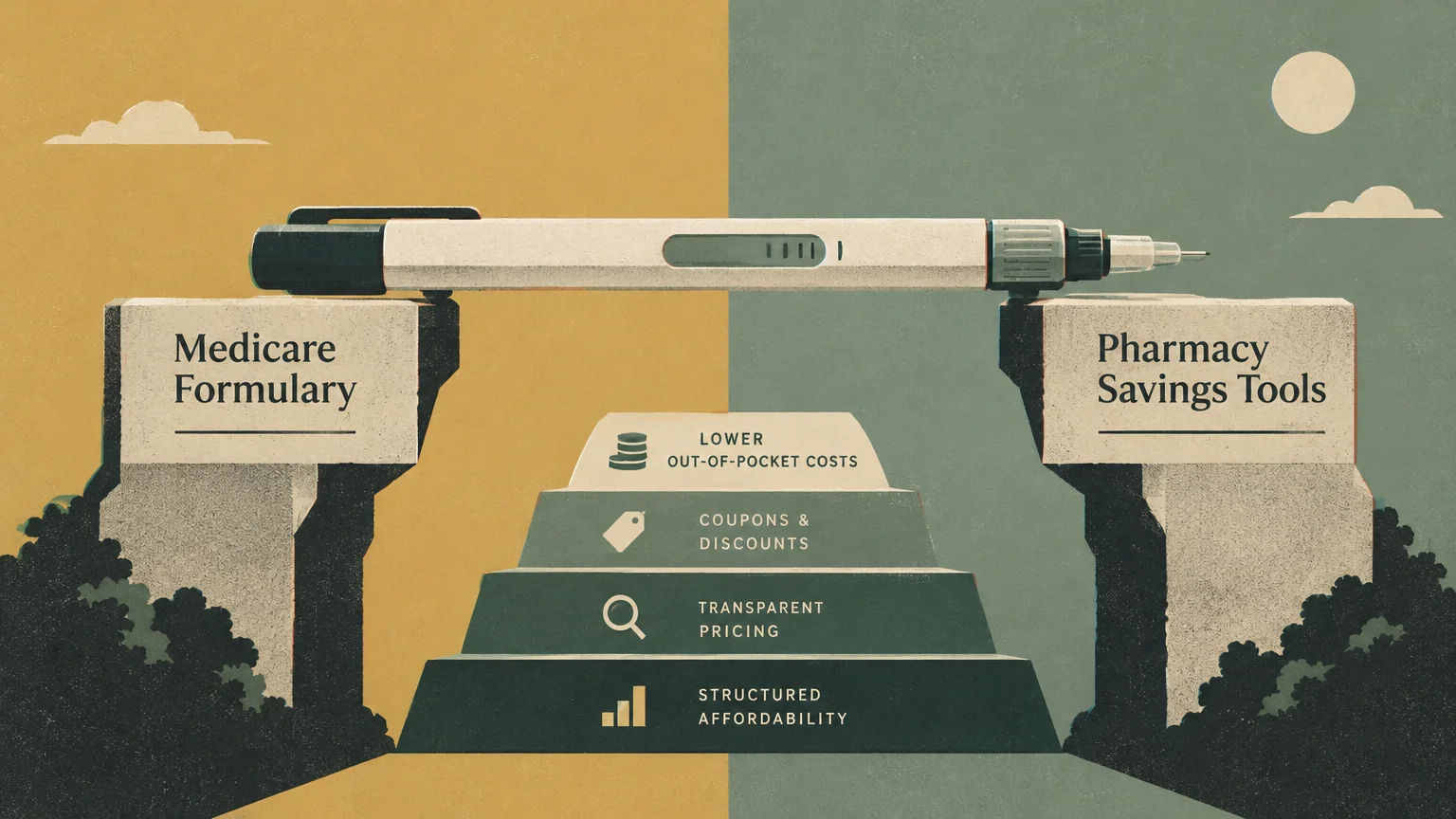 An injector pen bridges two stone pillars labeled Medicare Formulary and Pharmacy Savings Tools above stepped tiers.
