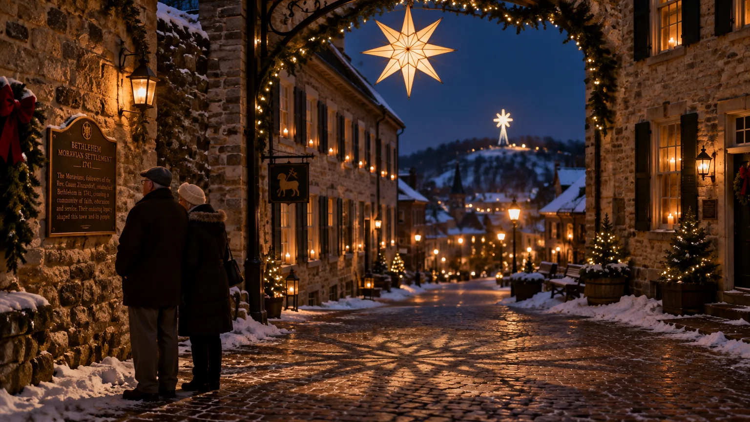 A couple looking at a historic plaque along a snow-lined cobblestone street illuminated by a glowing Moravian star archway.