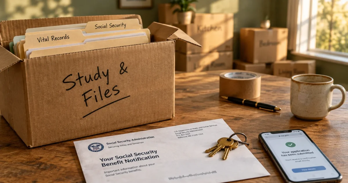 Moving box of files on a wooden table beside a Social Security letter, keys, and a smartphone showing a submitted application.