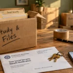 Moving box of files on a wooden table beside a Social Security letter, keys, and a smartphone showing a submitted application.