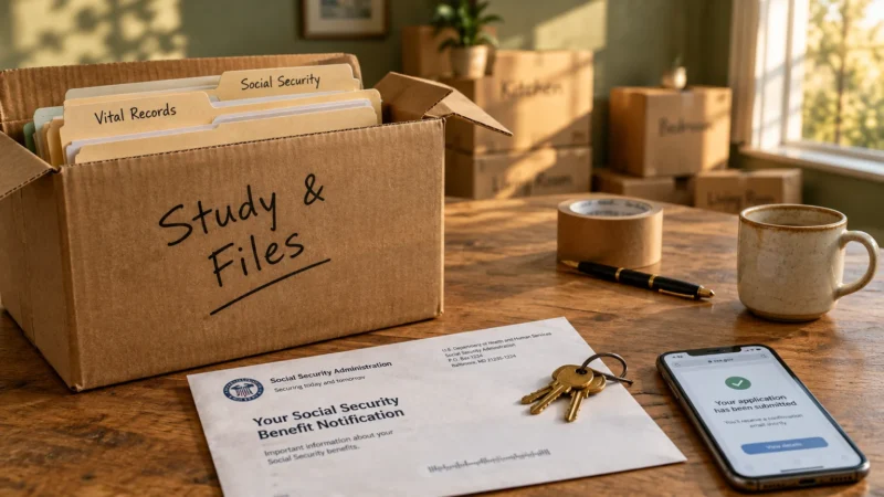 Moving box of files on a wooden table beside a Social Security letter, keys, and a smartphone showing a submitted application.