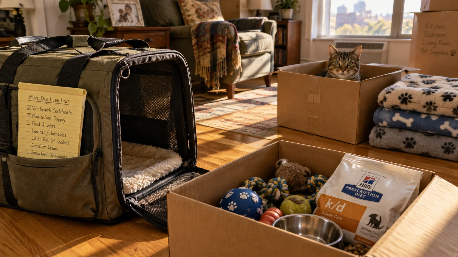 Pet carrier, checklist, and packed boxes of pet supplies on a living room floor with a tabby cat inside a box.