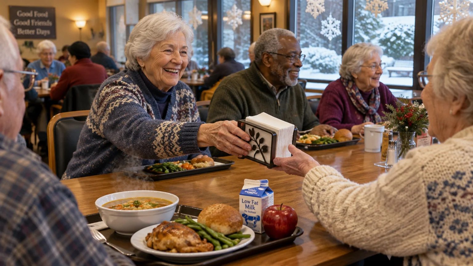 Older adults smiling and passing napkins at a dining table with trays of hot food, soup, and milk near snowy windows.