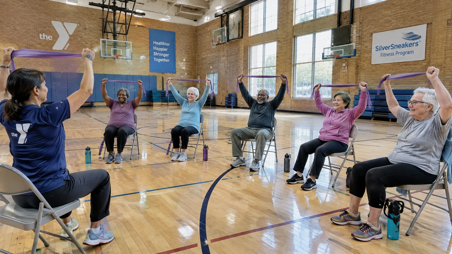 Older adults seated in chairs in a YMCA gym stretch purple resistance bands overhead during a SilverSneakers class.
