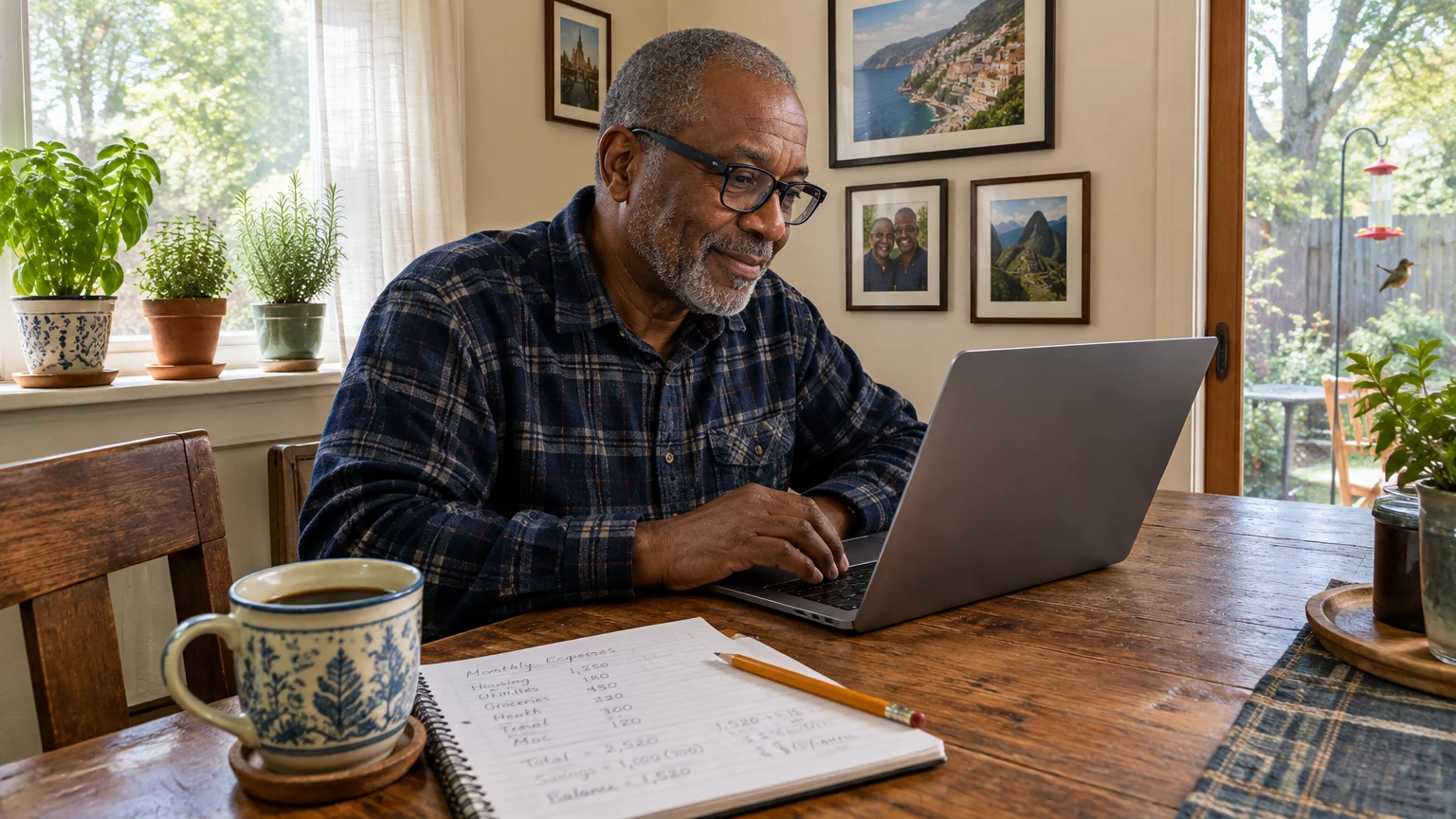 Older man wearing glasses smiles while typing on a laptop at a wooden table with a notebook and coffee mug.
