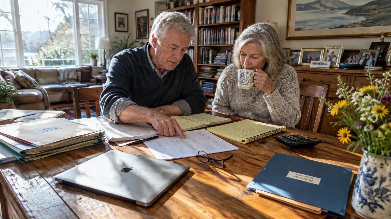 A senior couple reviews paperwork, spreadsheets, and folders at a wooden dining table with a laptop.