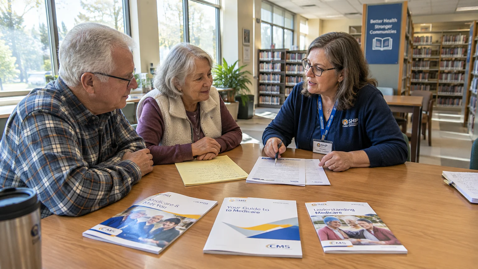 A woman in a SHIP badge reviews Medicare paperwork with an older couple seated at a library table.