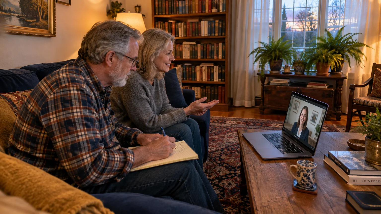 A mature couple sits on a living room sofa taking notes during a video call on a laptop with a professional woman.