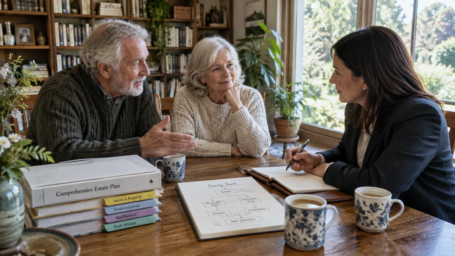 Senior couple sits at a wooden table discussing family trust documents with a female estate attorney holding a pen.