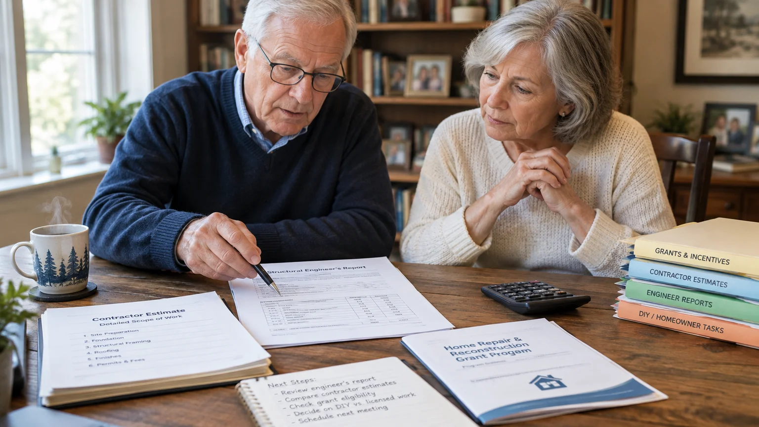 An older couple sits at a wooden table reviewing printed contractor estimates, engineering reports, and grant paperwork.