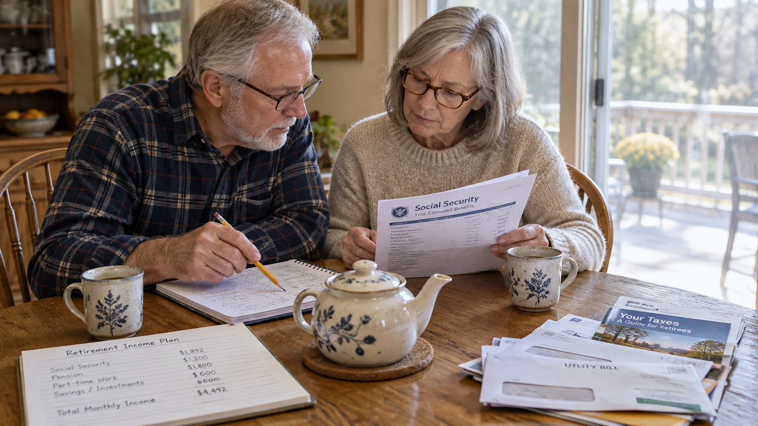 An older couple sitting at a wooden table reviewing Social Security benefit statements, retirement plans, and bills.