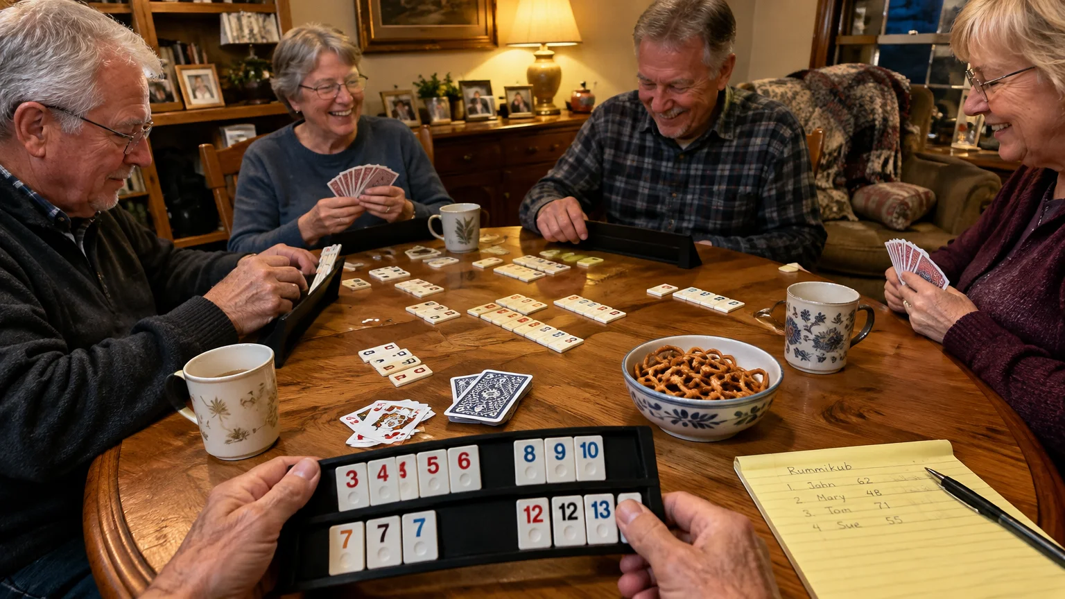 Four older adults sitting around a round wooden table playing a tile and card game with snacks and mugs.