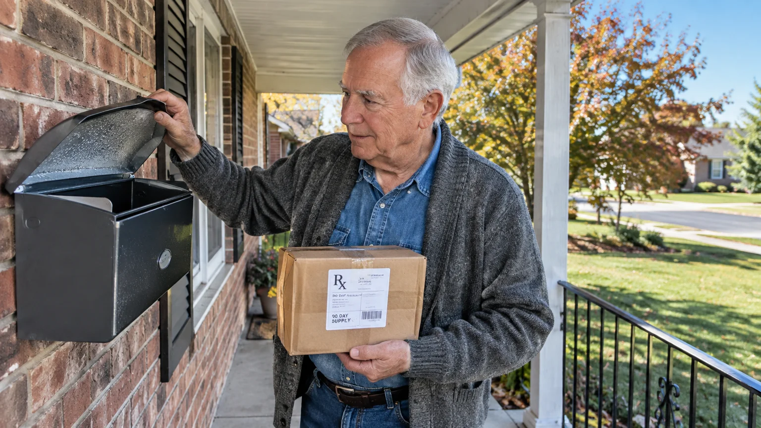 Older man on a brick porch opening a wall-mounted mailbox while holding a package labeled with an Rx symbol.