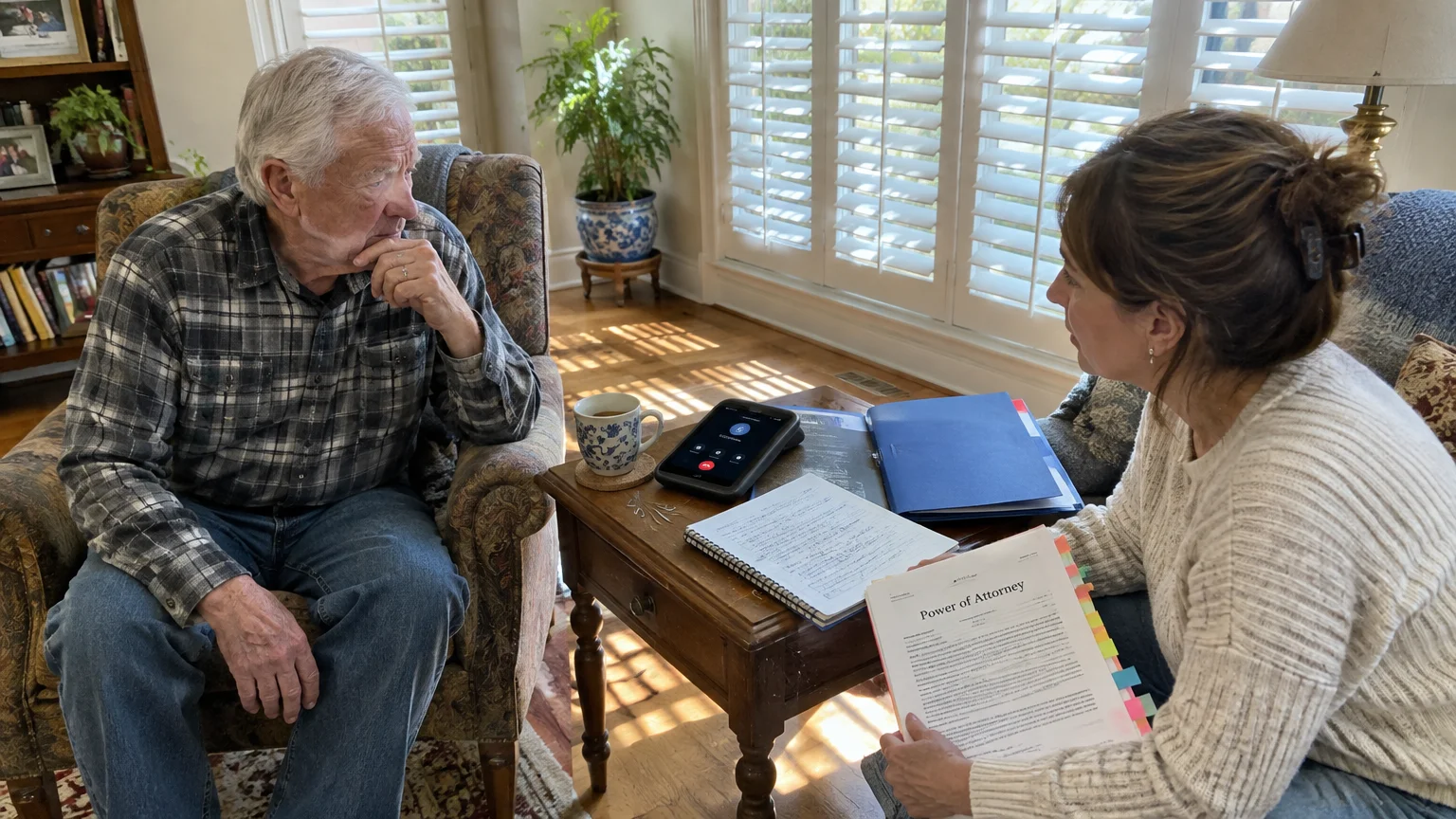 A woman holding a power of attorney document sits across from an older man near a phone on speaker.