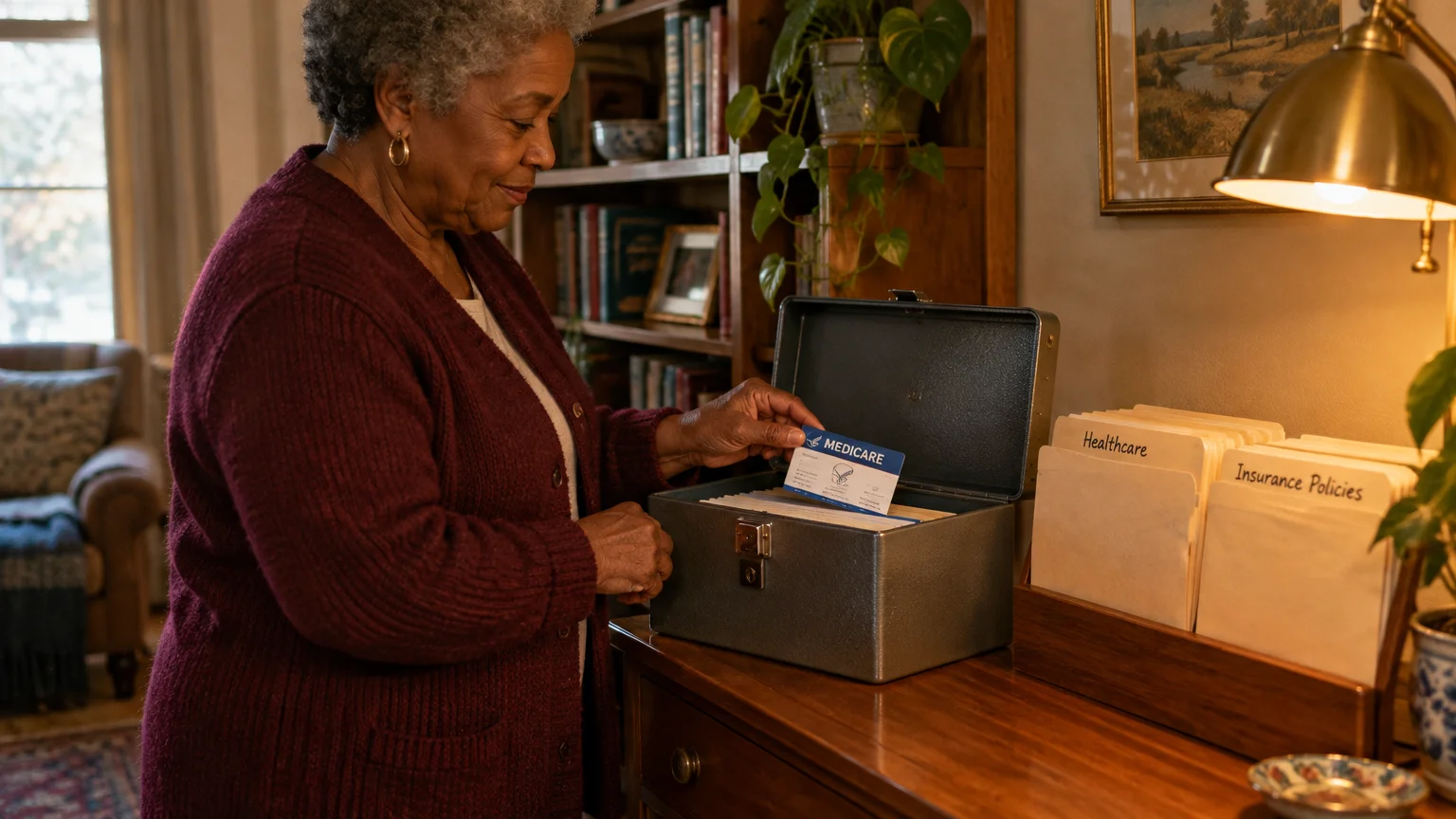 An older woman places a blue Medicare card into an open metal lockbox beside organized file folders.