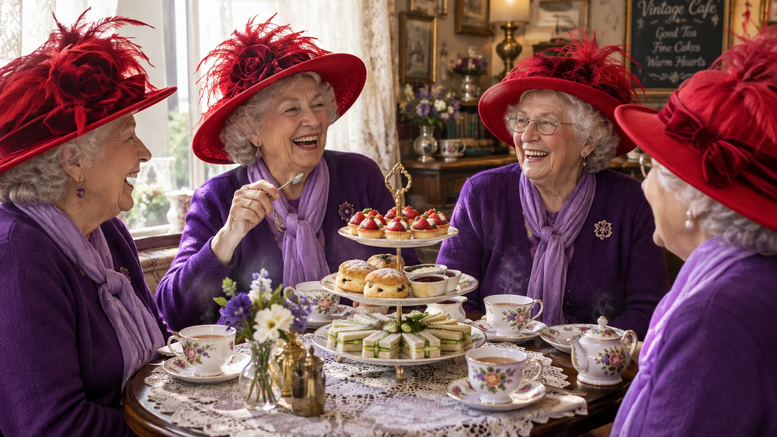Four senior women in red feathered hats and purple outfits laugh together around a tiered afternoon tea stand.