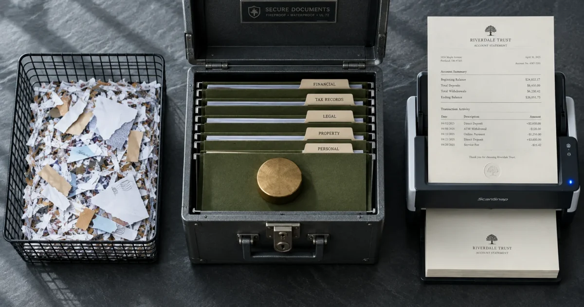 Basket of shredded paper, lockbox with categorized hanging file folders, and desktop document scanner on a dark desk.