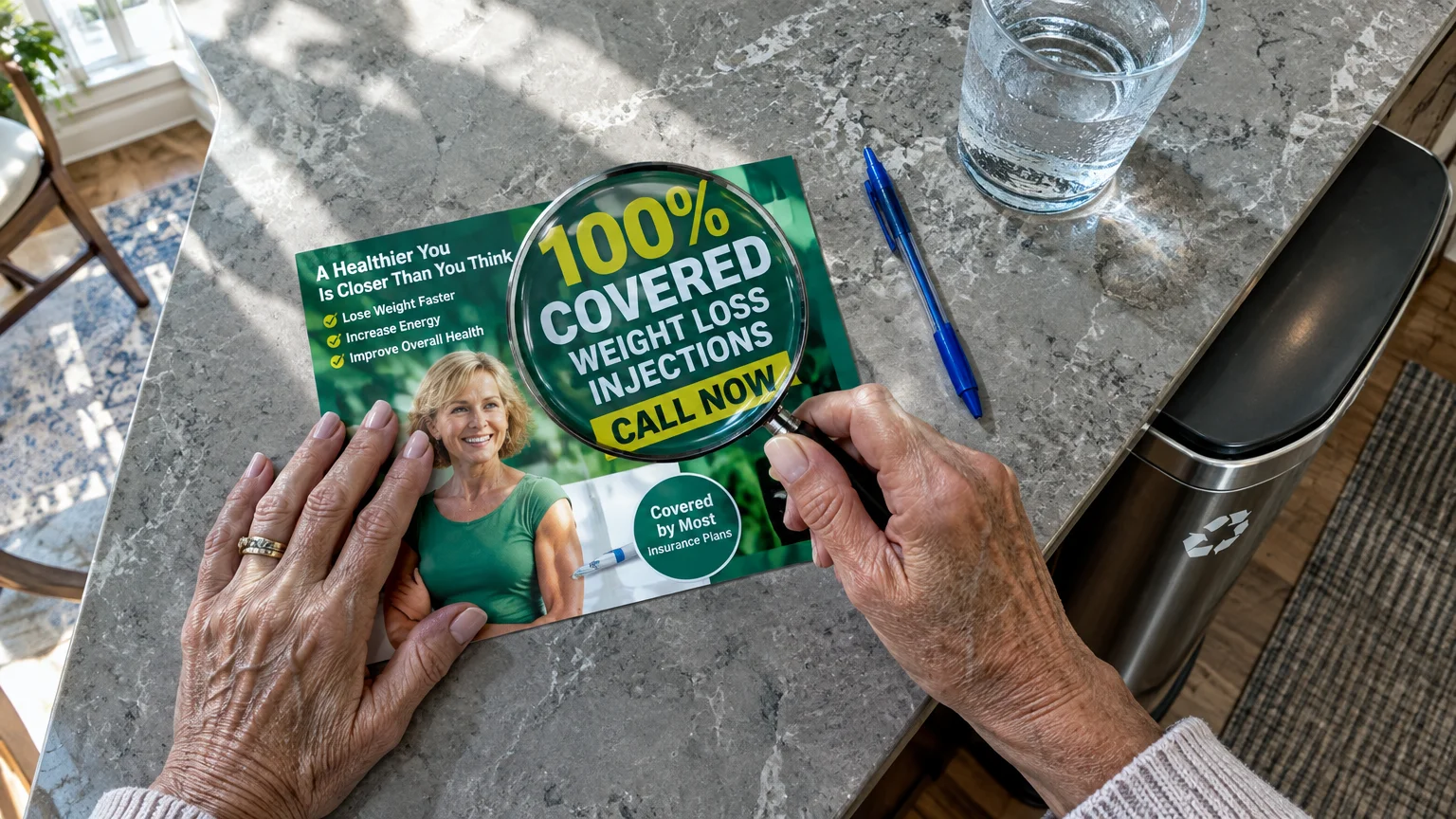 Hands holding a magnifying glass over a flyer advertising 100% covered weight loss injections on a granite counter.
