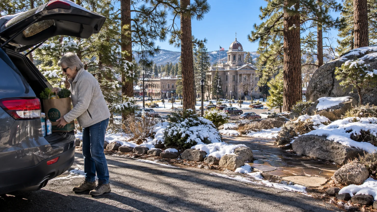 A senior woman unloads groceries from an SUV trunk on a sunny driveway overlooking a snow-dusted town square and courthouse.