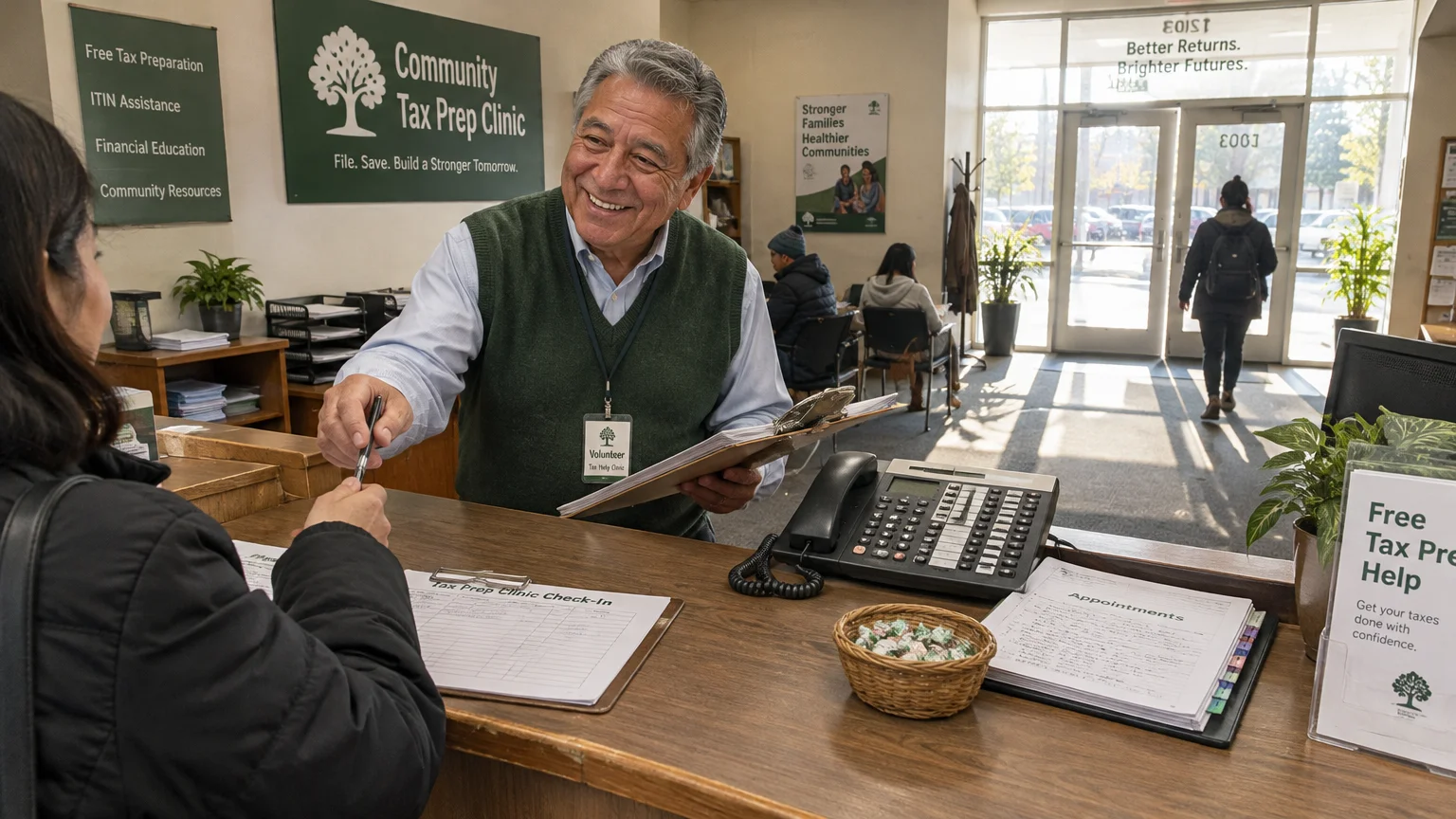 A smiling older man wearing a green sweater vest hands a pen to a client over a reception desk at a tax prep clinic.