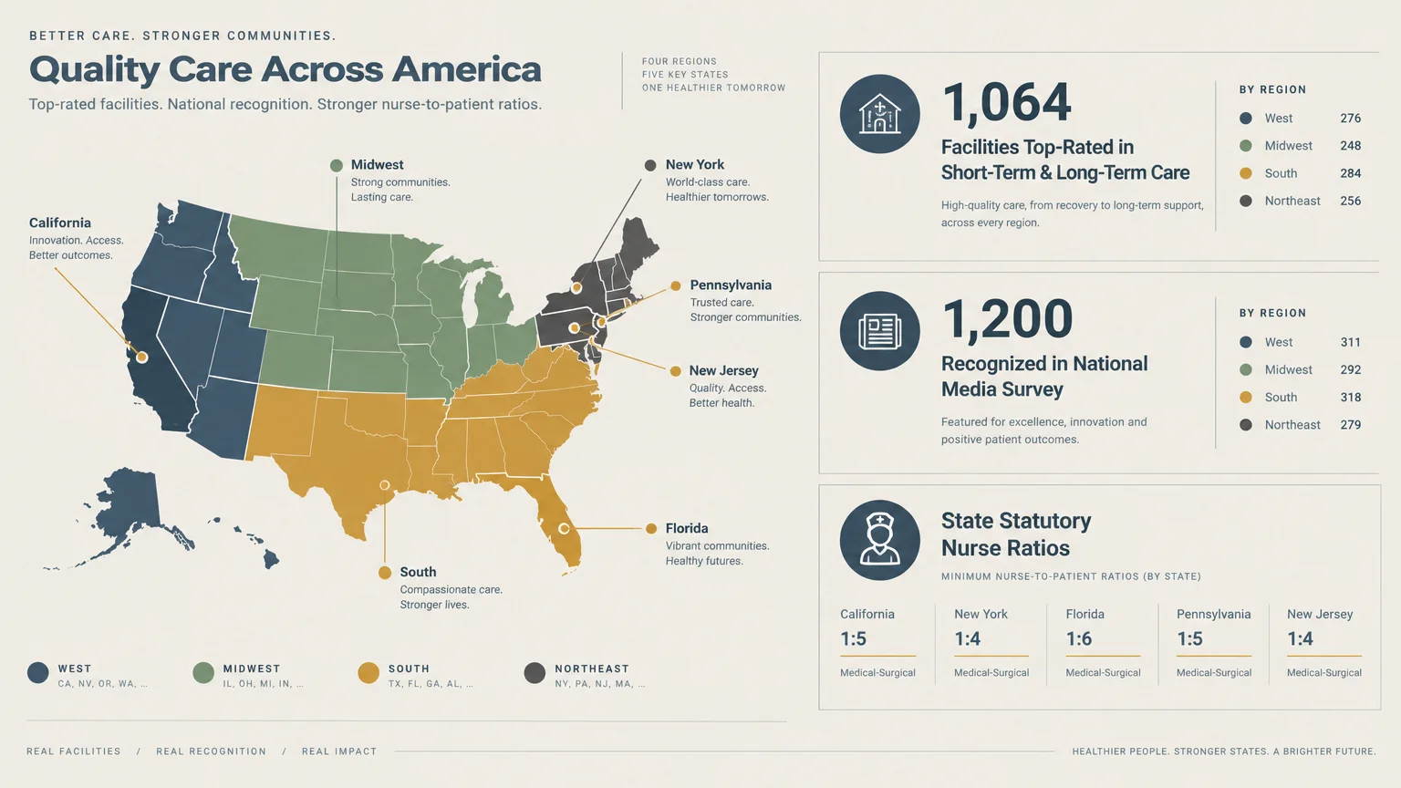 Infographic showing a color-coded US map by region alongside statistics on top-rated facilities and nurse ratios.