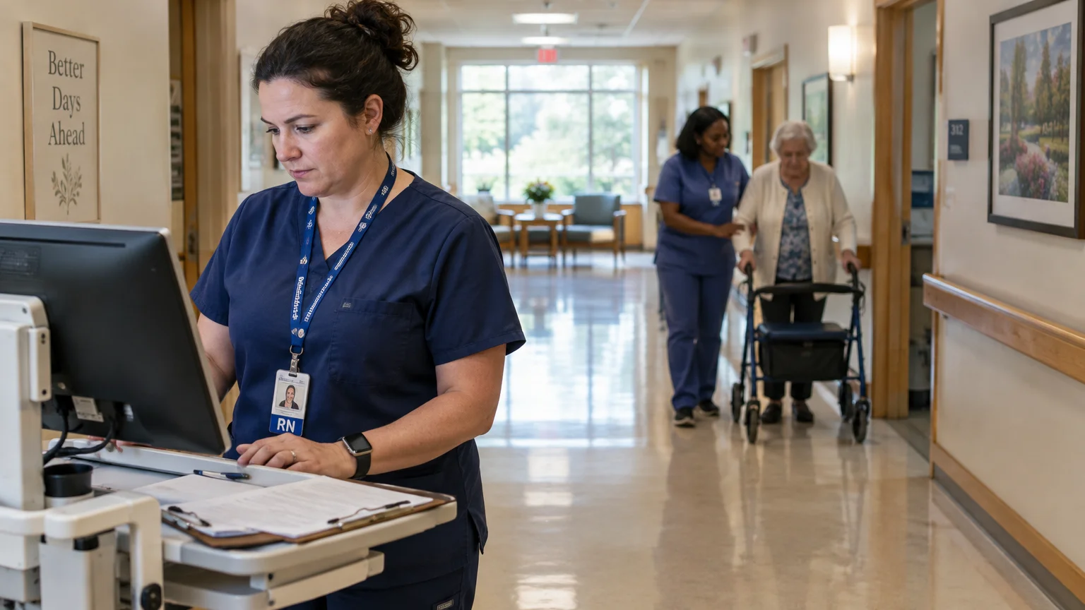Nurse working at a mobile computer cart in a nursing home hallway while an aide assists a resident using a walker.