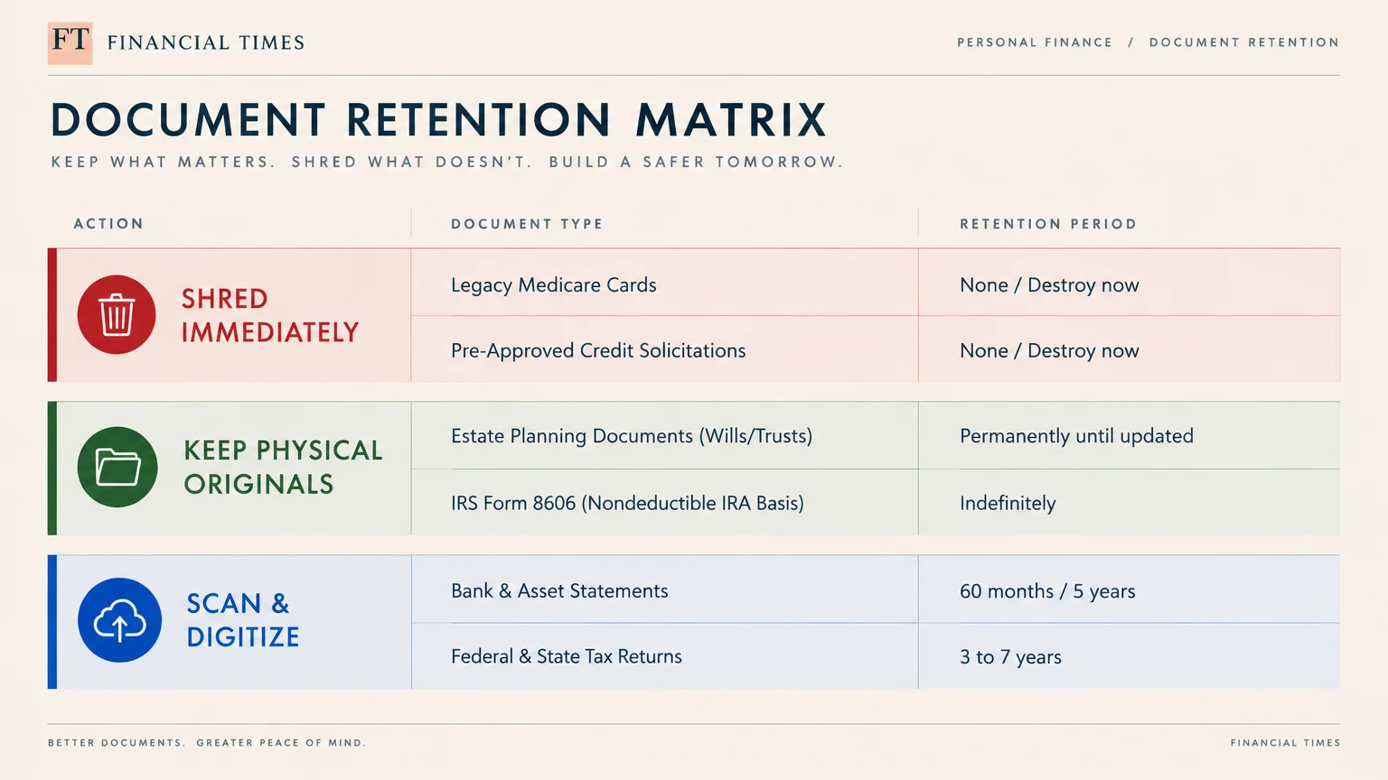 Financial Times Document Retention Matrix chart categorizing papers to shred immediately, keep physical originals, or scan.