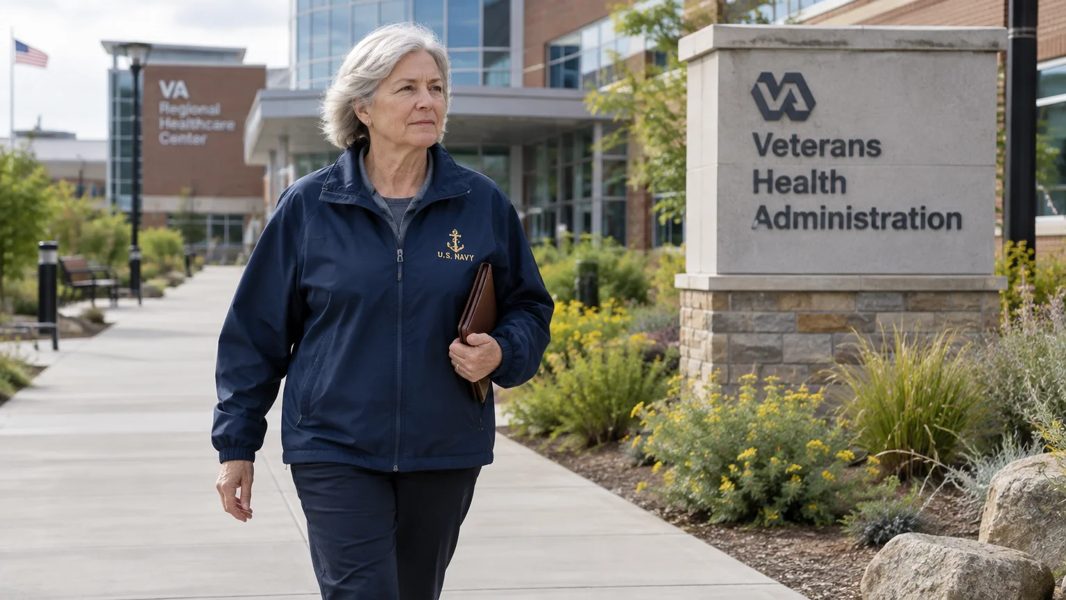 A senior woman in a U.S. Navy jacket walks along a pathway outside a Veterans Health Administration building.