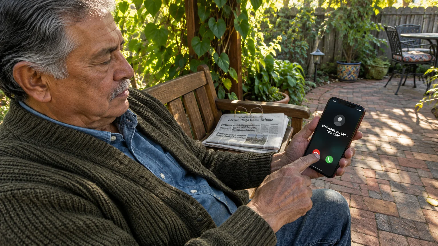 Senior man sitting on an outdoor garden bench holding a smartphone showing an incoming call from an unknown toll-free caller.