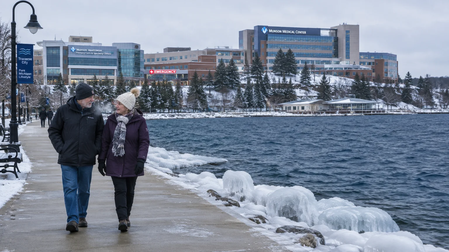 An older couple walks along an icy lakefront promenade in winter, with large medical buildings across the water.