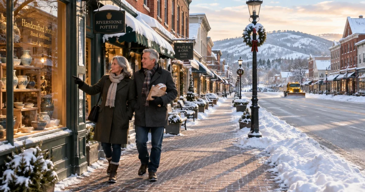 An older couple walks along a cleared brick sidewalk looking into shop windows on a snowy main street.