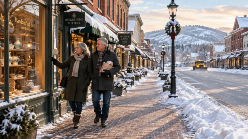 An older couple walks along a cleared brick sidewalk looking into shop windows on a snowy main street.