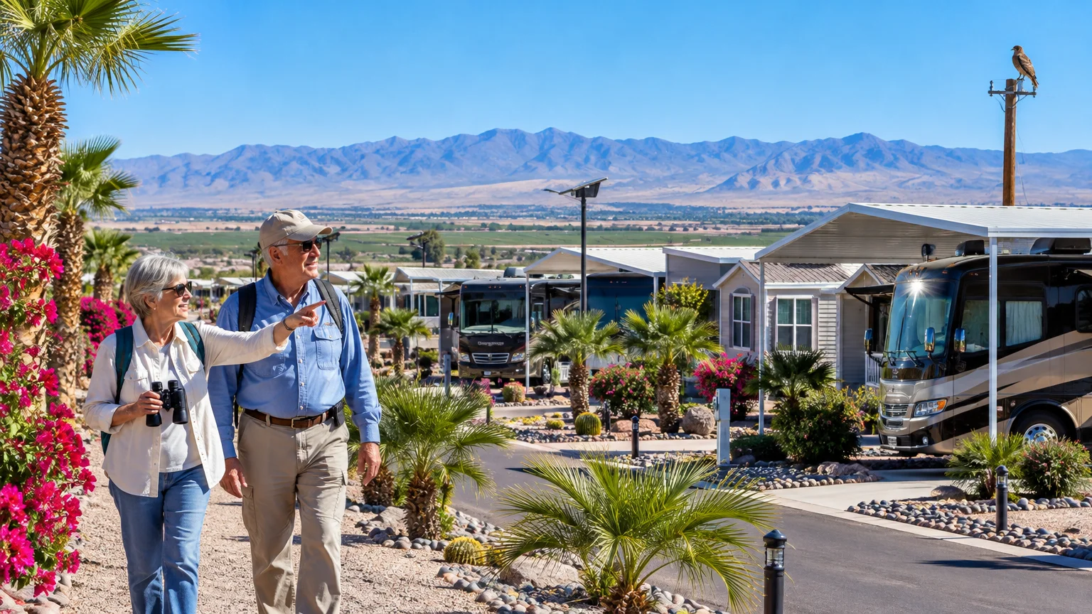 An older couple walks along a path in a sunny desert RV resort with palm trees, motorhomes, and distant mountains.