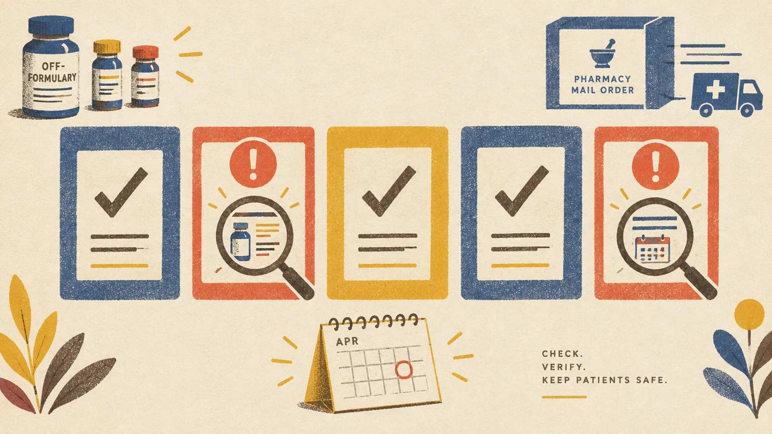 Graphic cards with checkmarks, warning icons, and magnifying glasses alongside medicine bottles and a desk calendar.