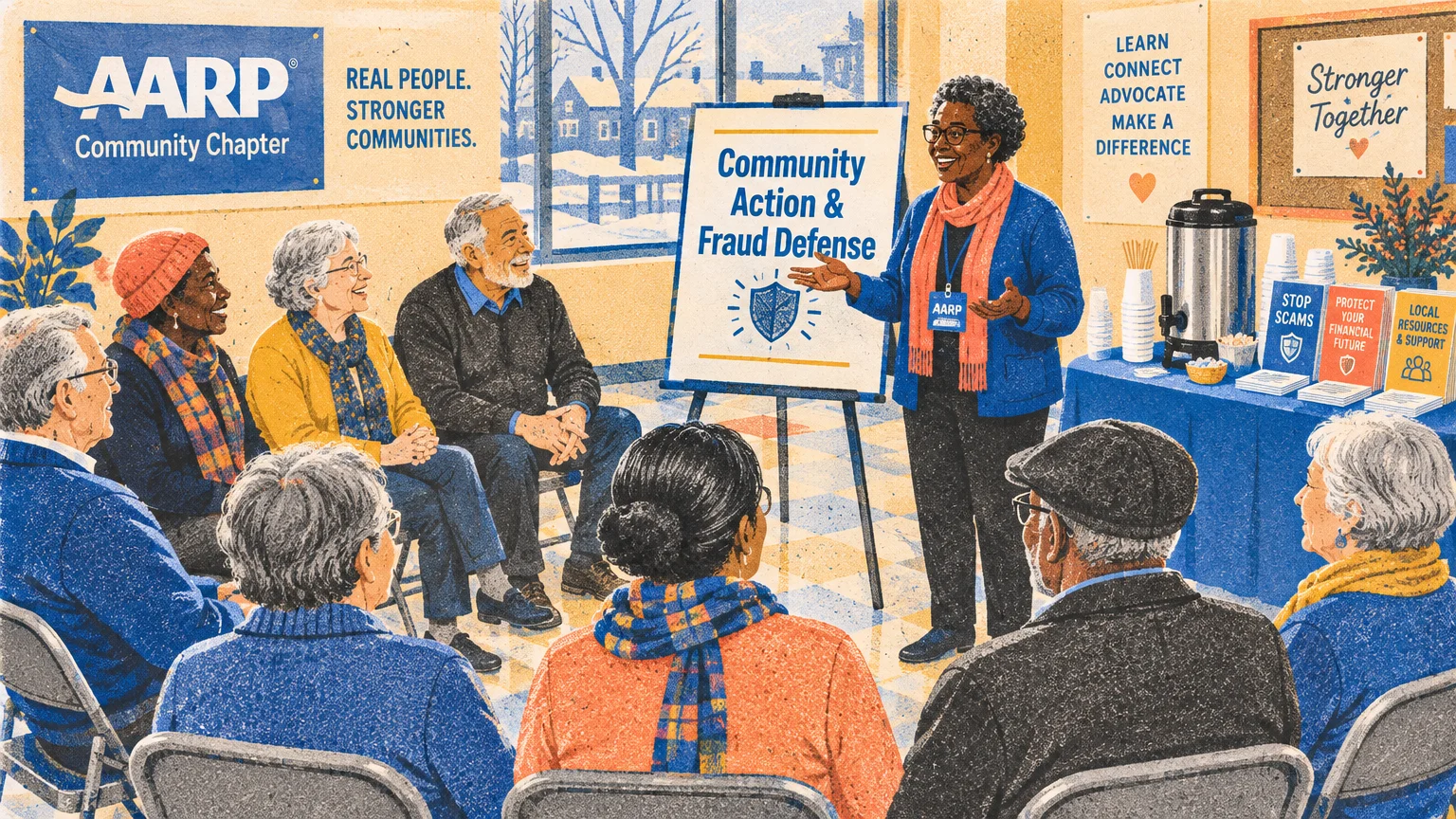 Illustration of an AARP community chapter meeting with a diverse group of seniors seated around a presenter at an easel.